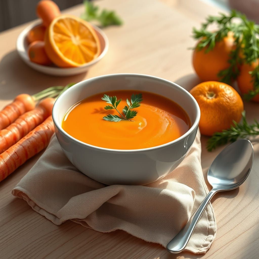 Vibrant Orange Carrot Soup in a Cozy, Rustic Setting