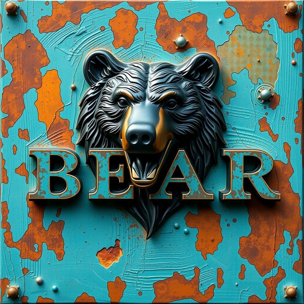 Black Bear Sculpture on Weathered Turquoise Surface