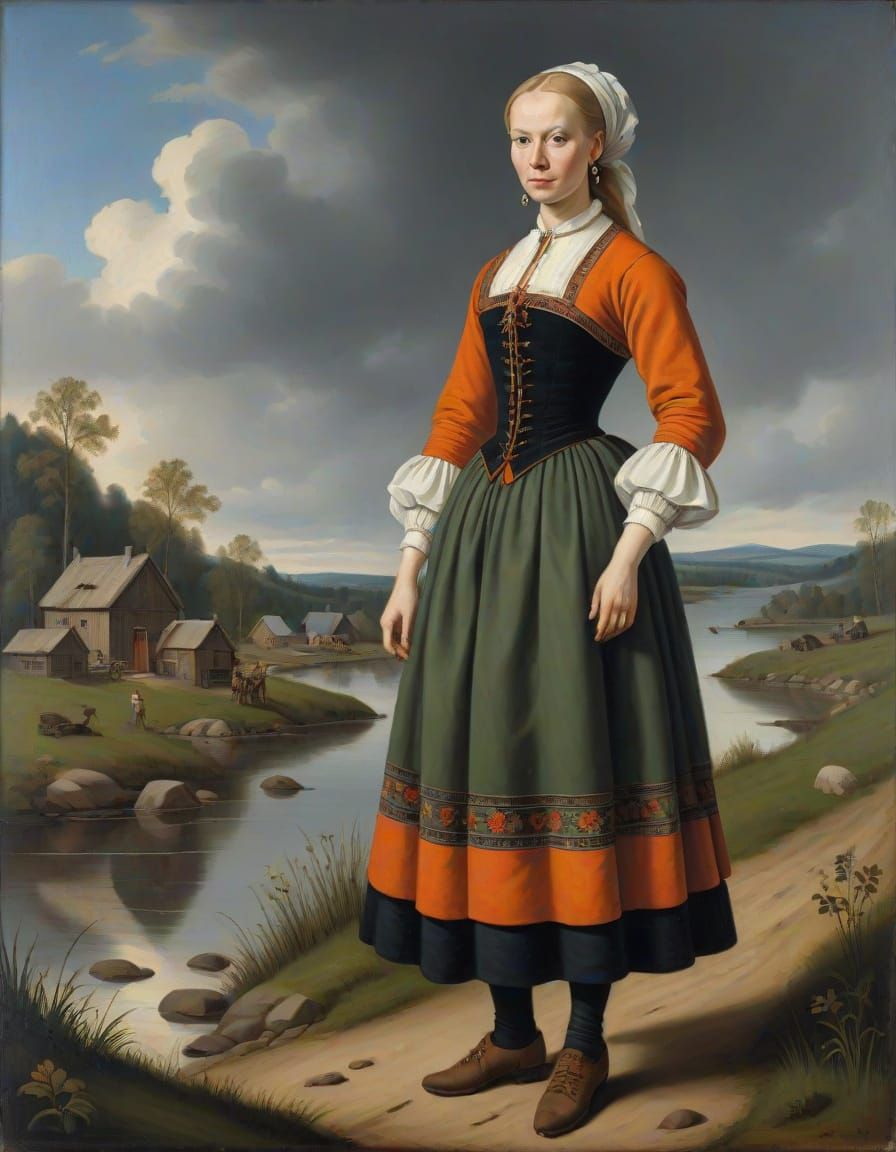 Nordic Woman in Traditional Dress, Oil Painting
