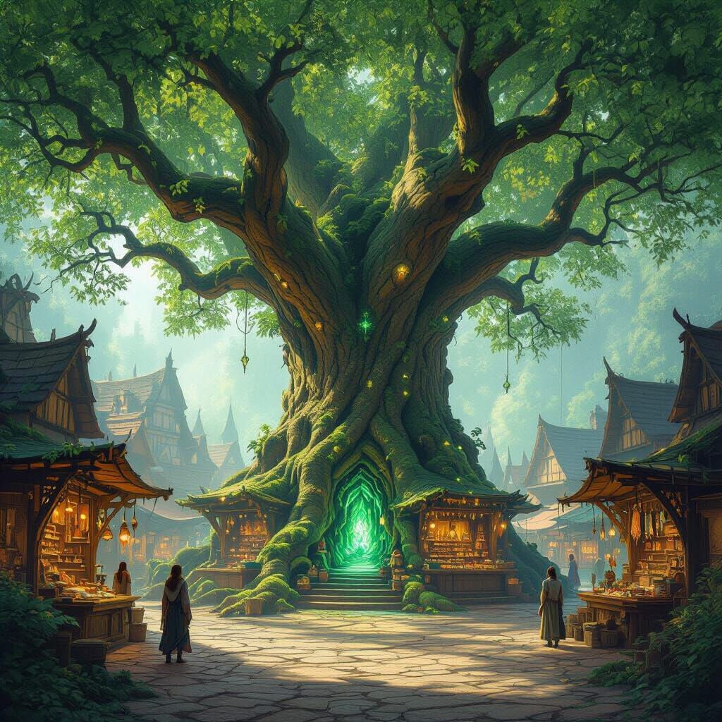 Enchanted Elven City Market in Ancient Tree