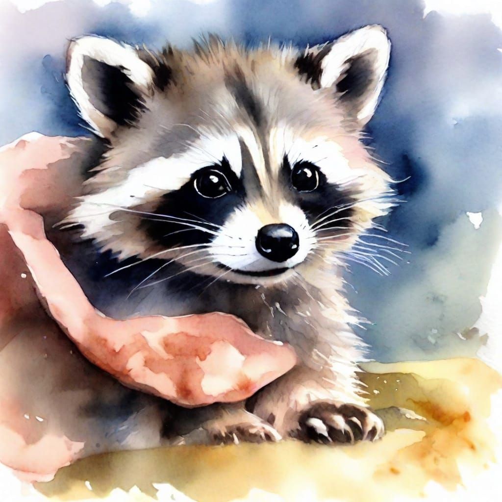 Watercolor Anime Baby Raccoon Playing with Blanket
