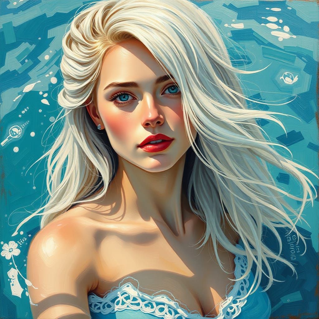 Luminous Mermaid in Deep Ocean: Neo-Impressionist Painting