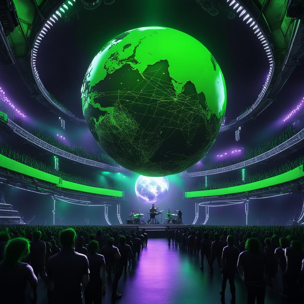 Rock Concert with Neon Globe in Cyberpunk Style