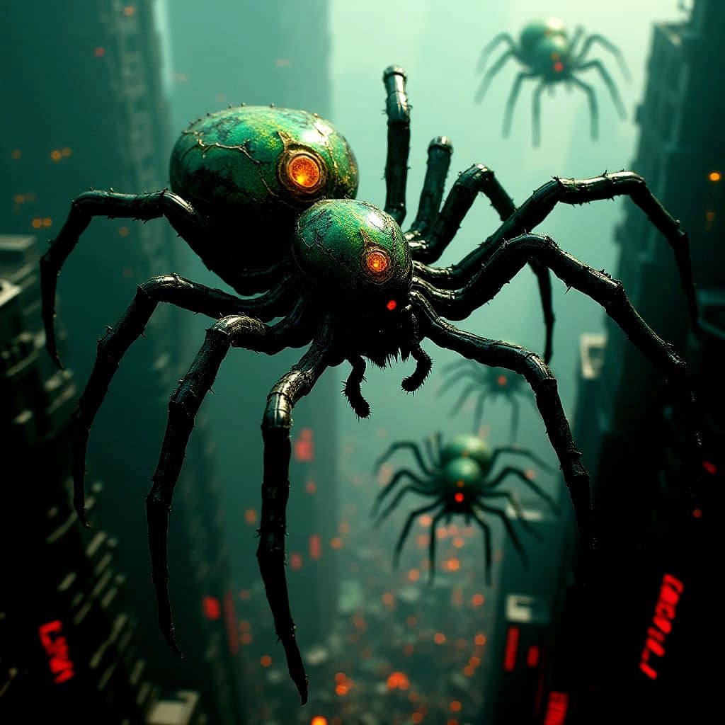 Gargantuan, Crystal Spiders Overwhelm a Metropolis in a Dark...