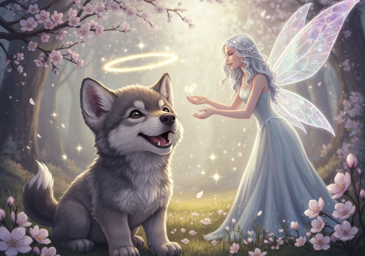 Wolf Cub Receives Magic Gift in Spring Forest