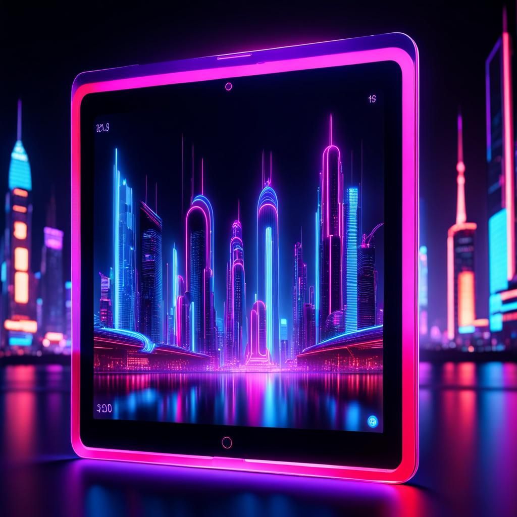 Neon City Hologram Projected from Tablet