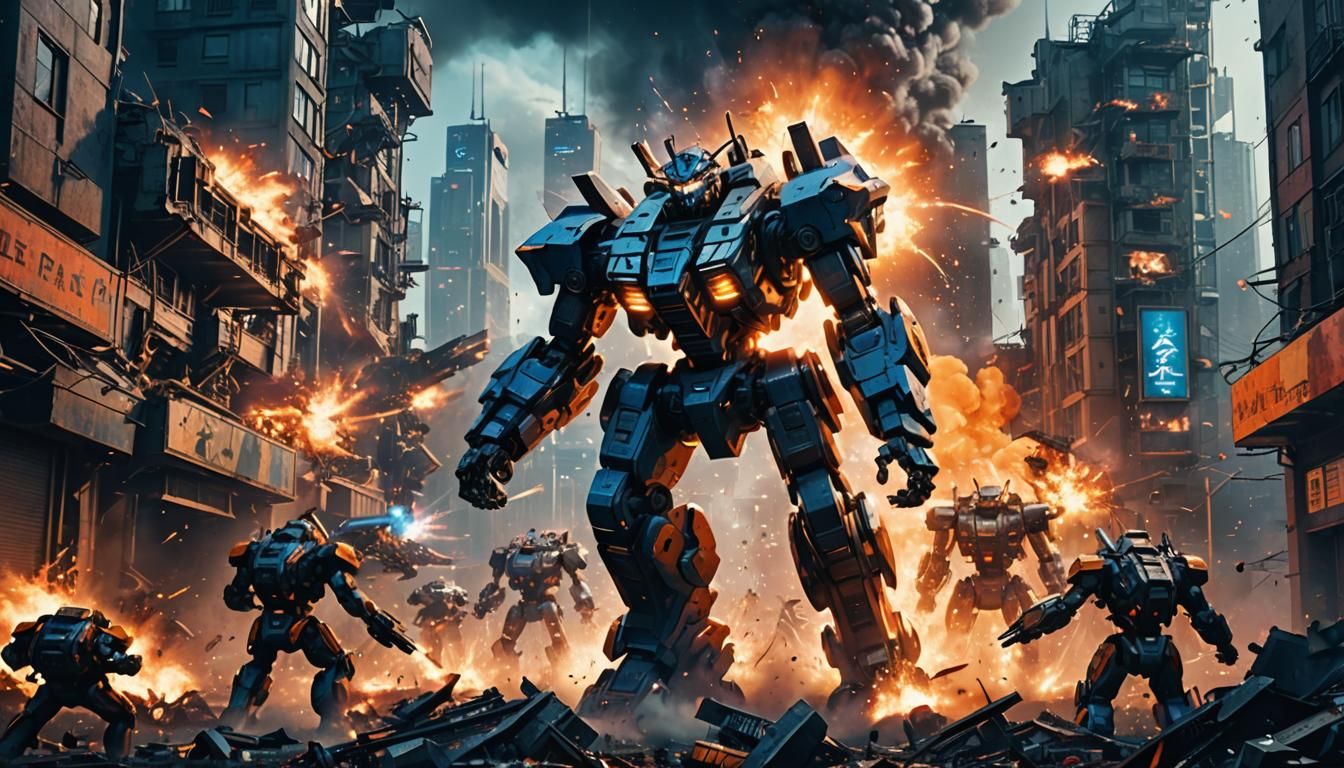 Epic Mecha Battle in Futuristic Cityscape