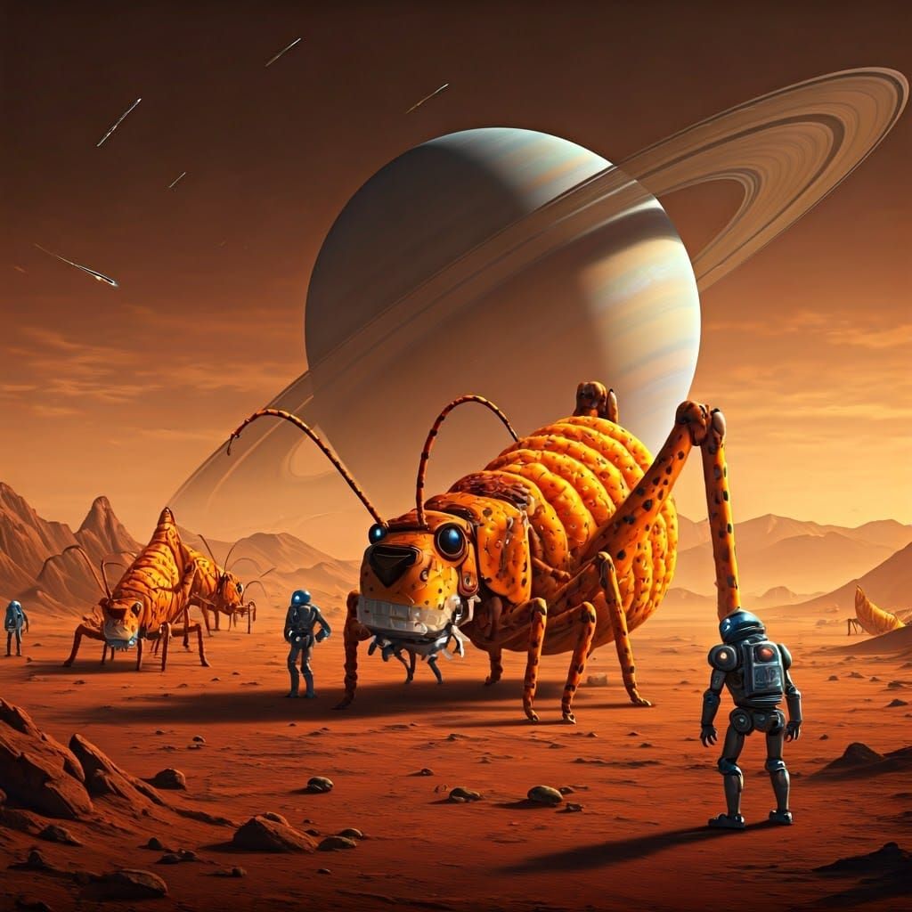 Cyberpunk Mars Landscape with Cheetos Crickets and Saturn