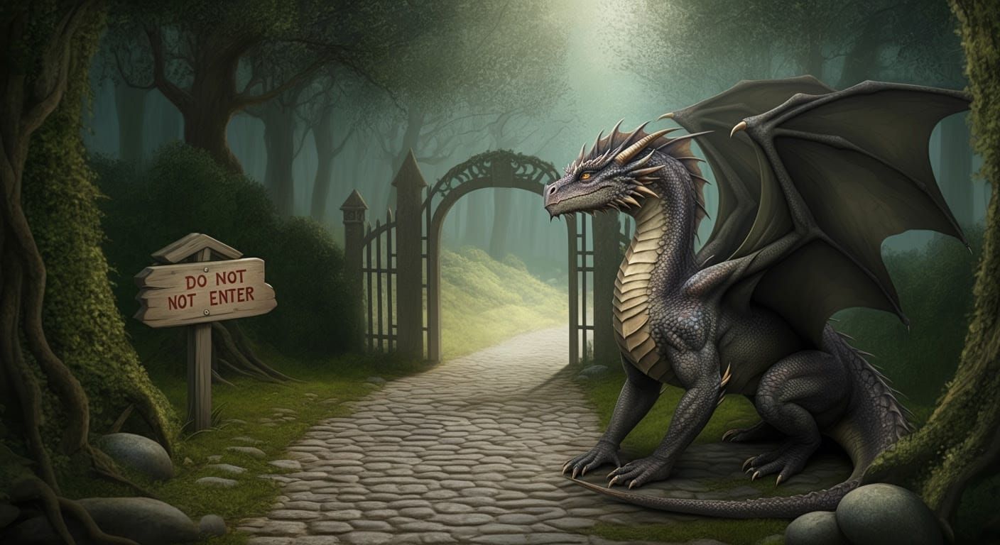 Guardian Dragon on Cobblestone Path to Enchanted Forest