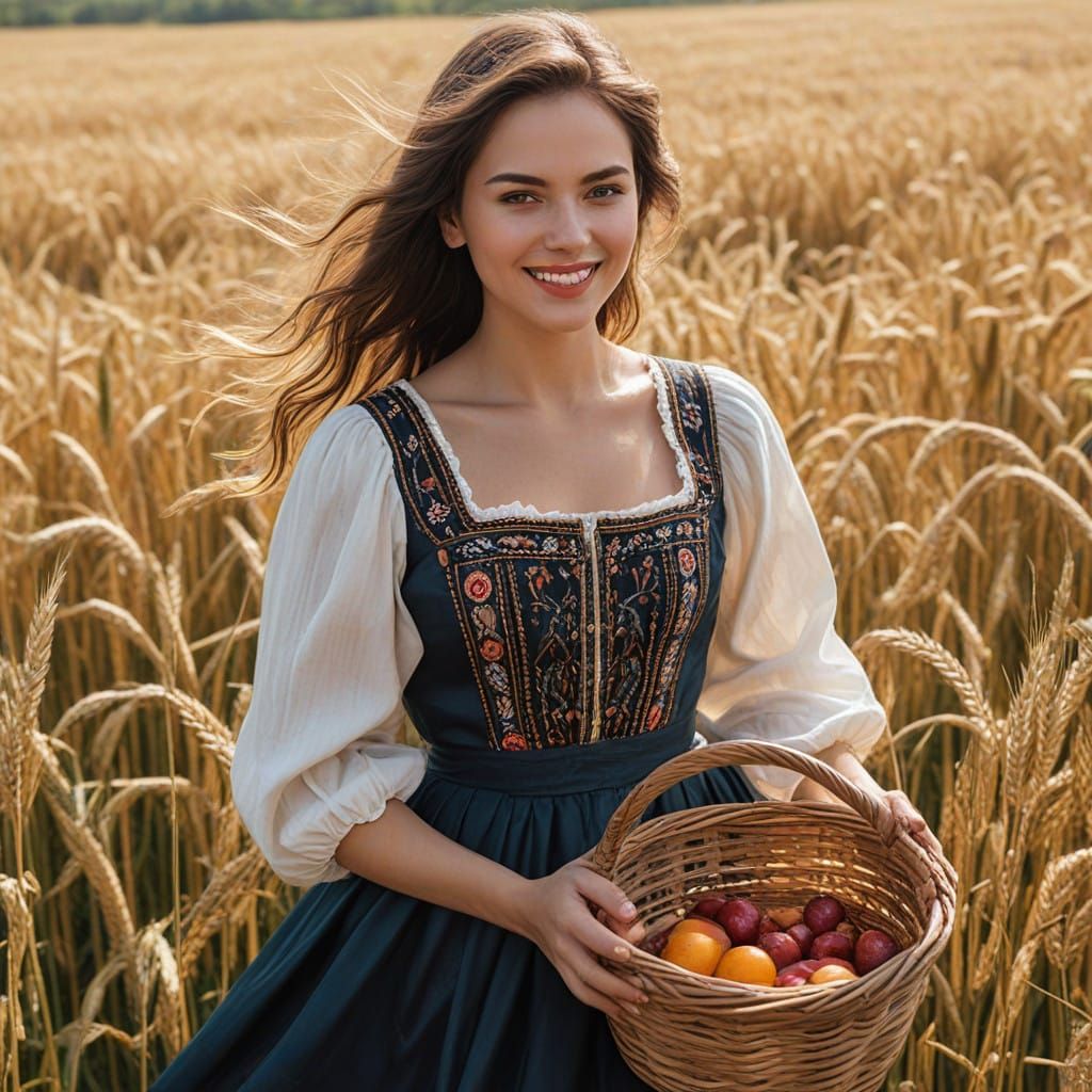 Sunny Peasant Girl in Golden Wheat Field