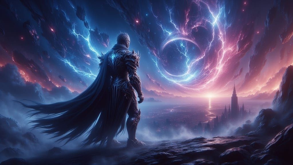 Futuristic Knight Overlooking Neon Metropolis