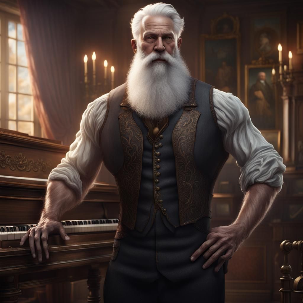 Muscular Man with White Beard Near Piano