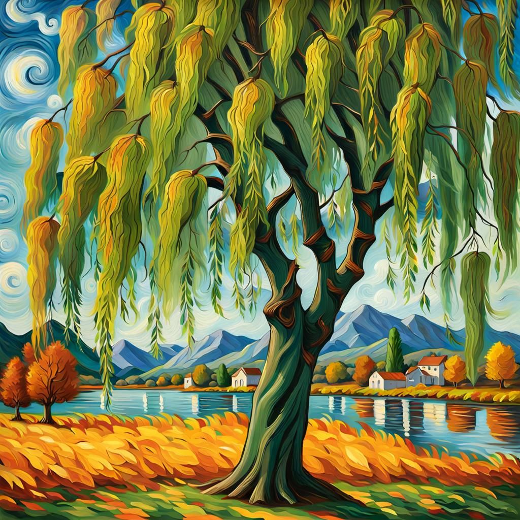 Willow Tree Bending in Autumn Wind, Post-Impressionist Oil