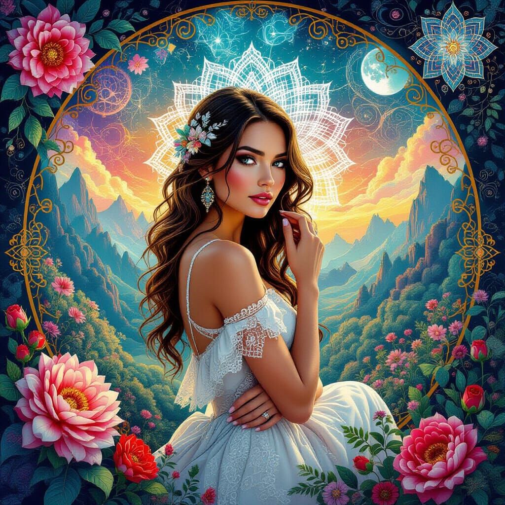 Dreamlike Zentangle Woman in Surreal Fractal Landscape