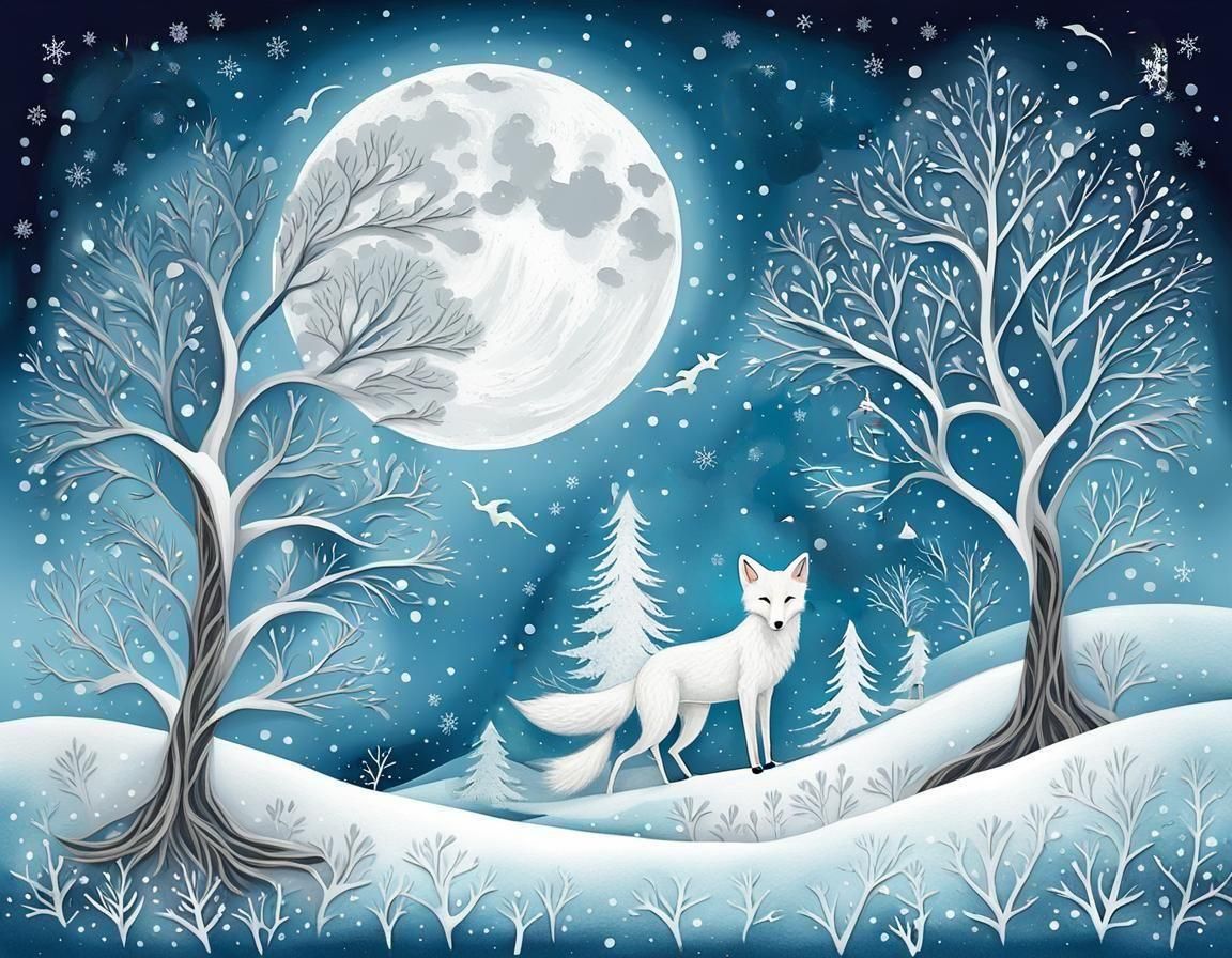 Enchanting White Fox in Winter Moonlight