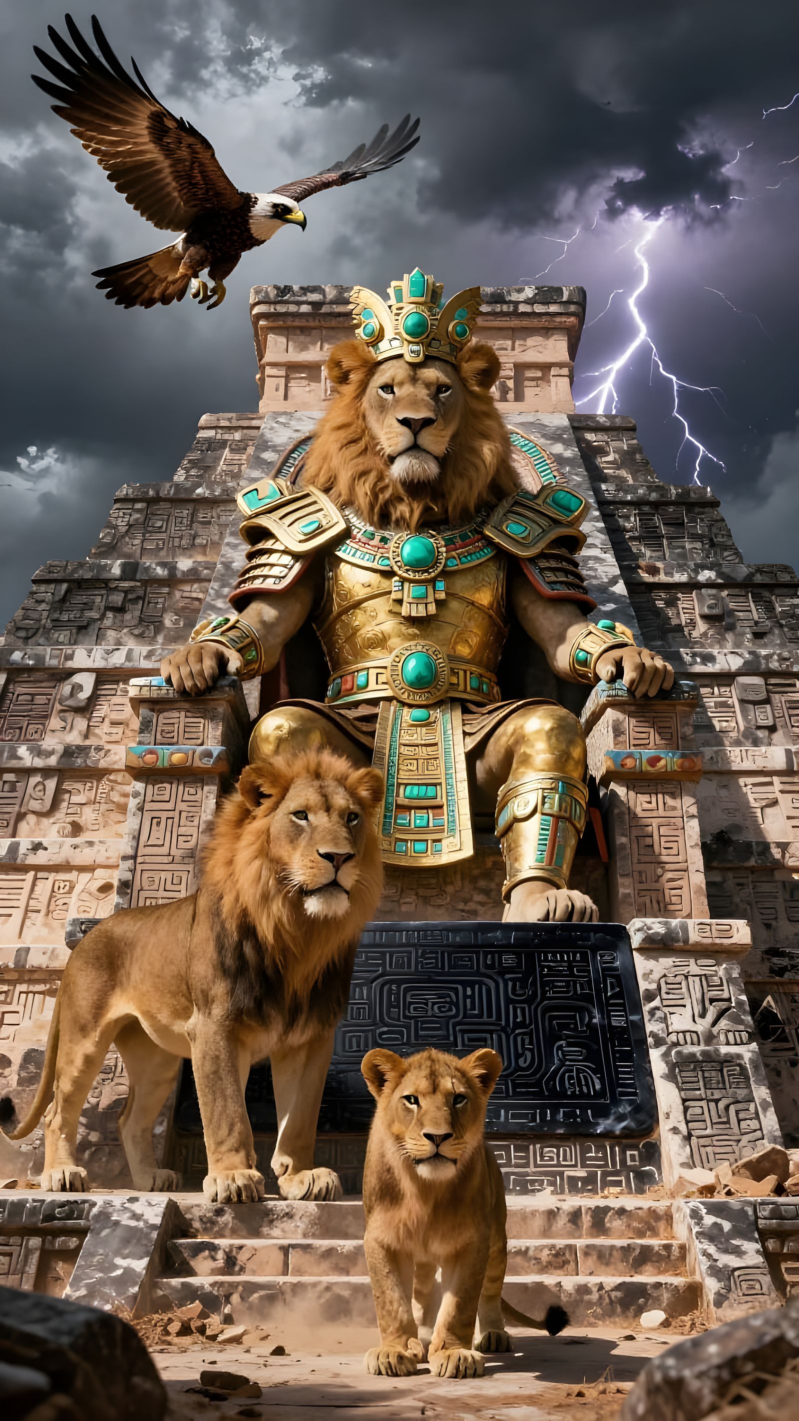 Majestic Lion King on Mayan Throne