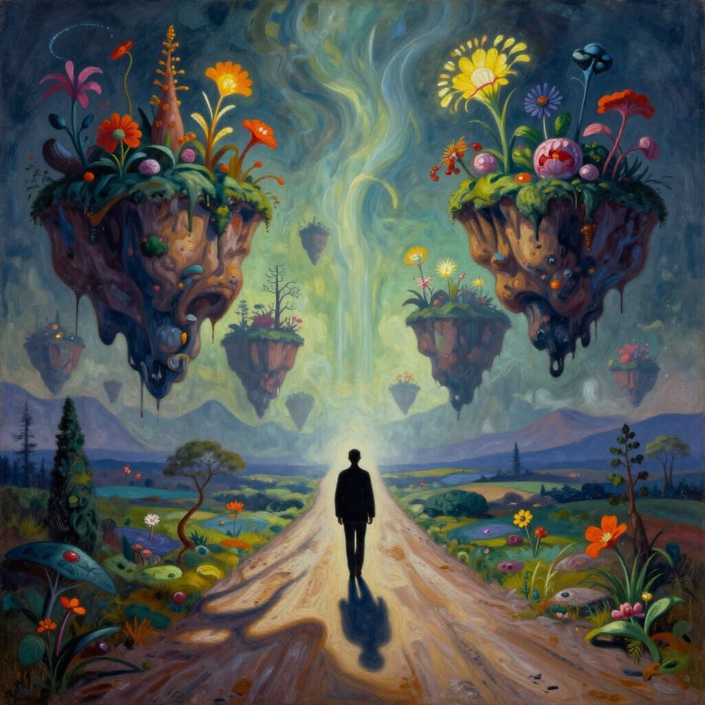Surreal Dreamscape with Floating Islands and Solitary Figure