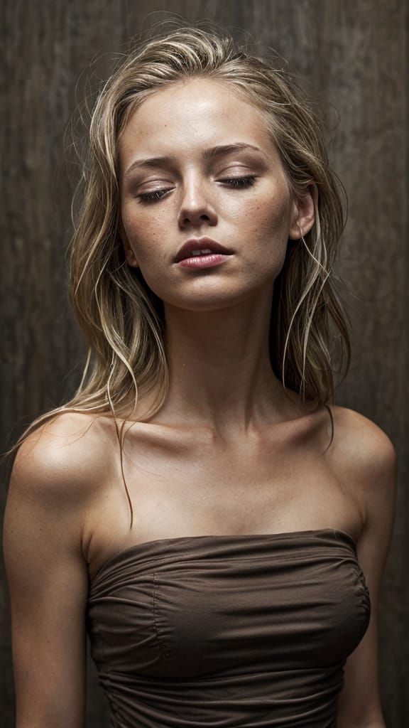 Blonde Woman in Brown Dress with Abstract Backdrop