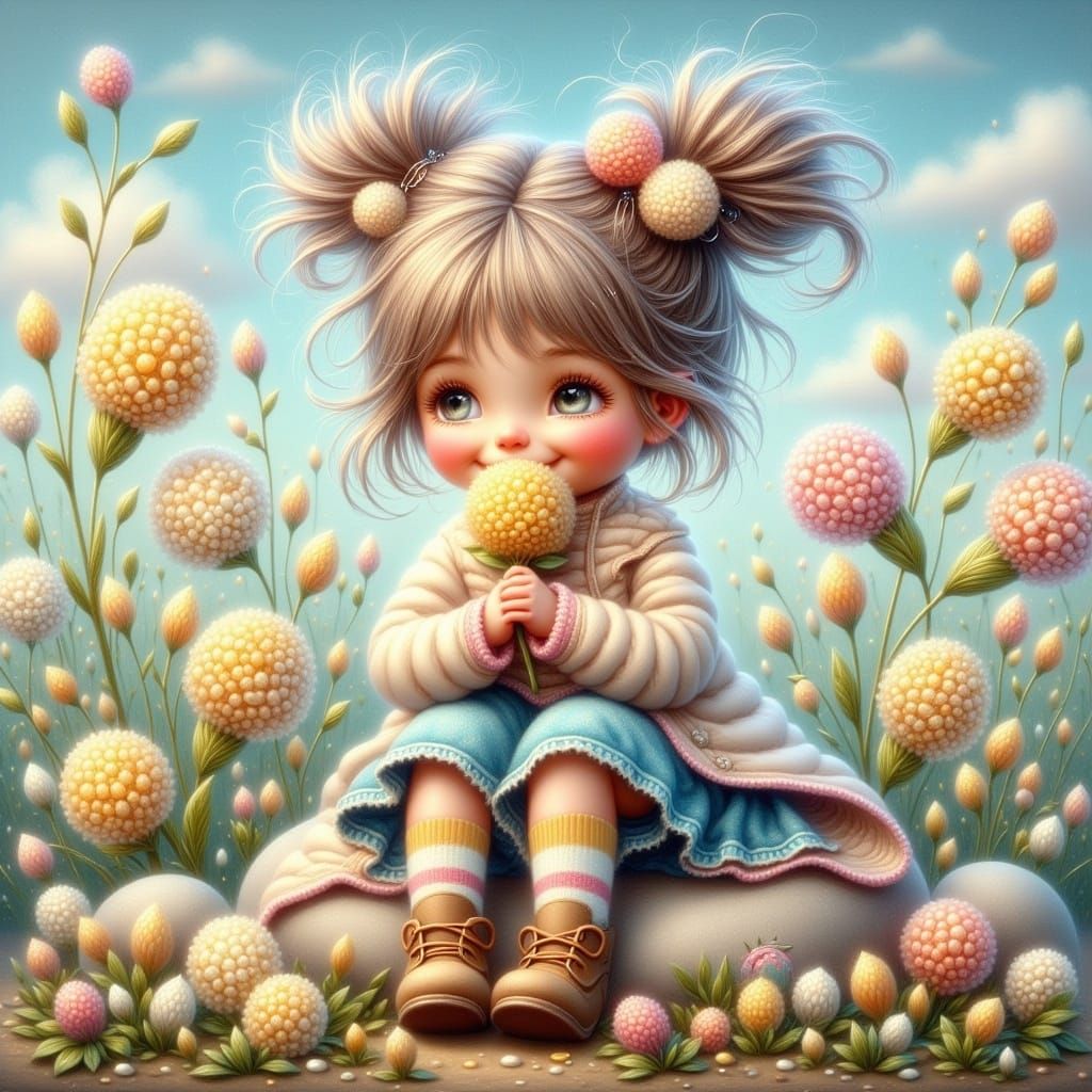Cute Toddler Smelling Flower in Whimsical Landscape