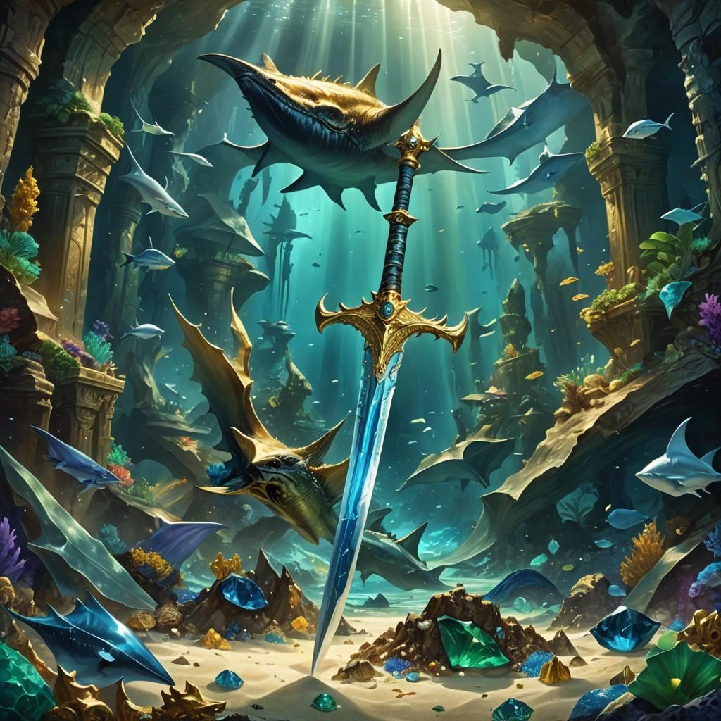 Fantasy Sword Hovers Above Underwater Treasure: Concept Art