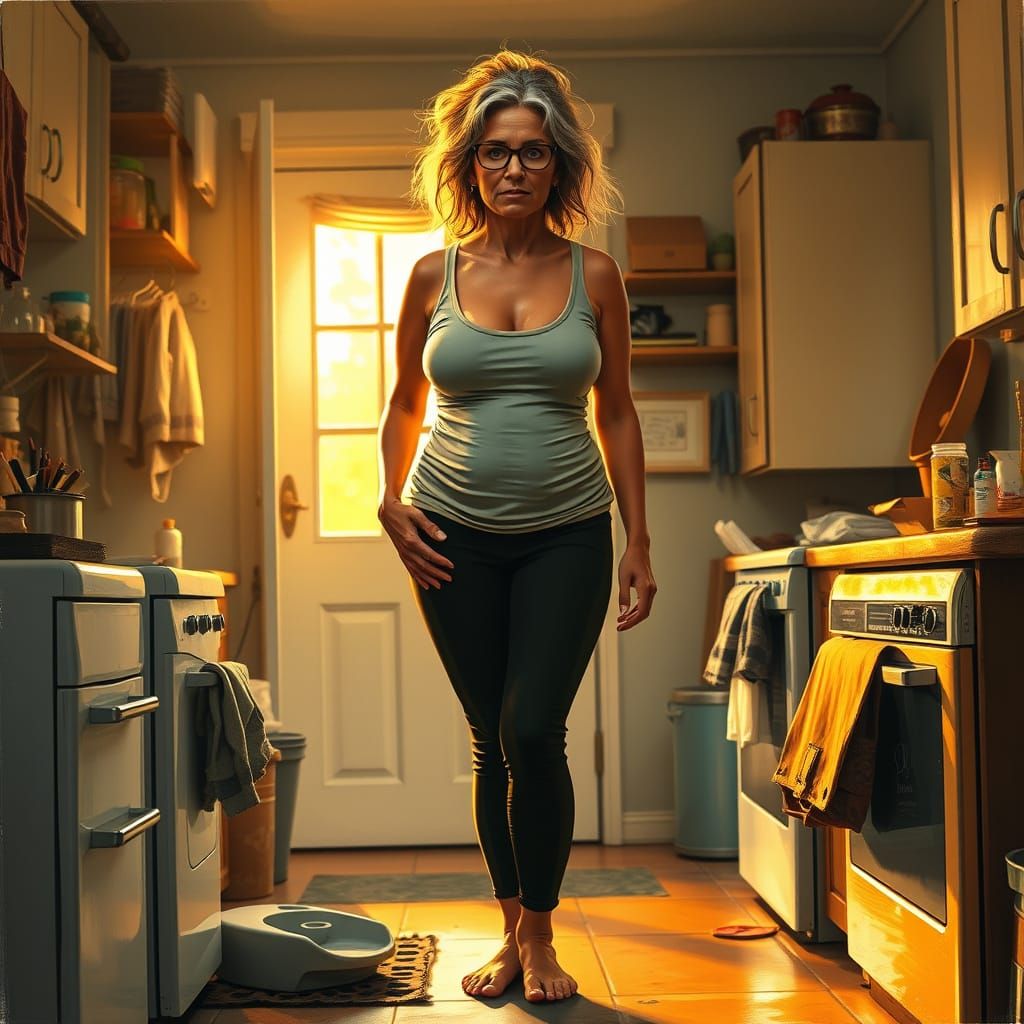 Woman in Kitchen, Vivid Social Realism Painting