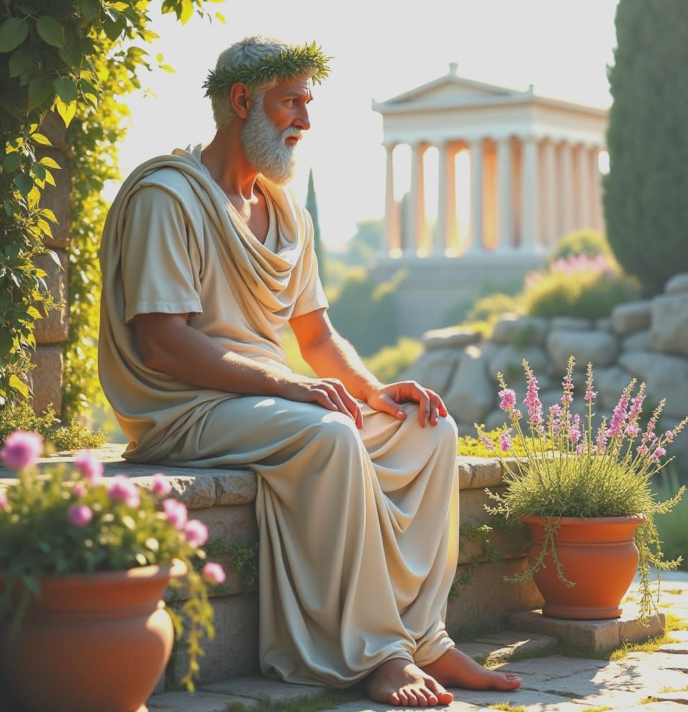 Marcus Aurelius in Tranquil Roman Garden, Anime Art