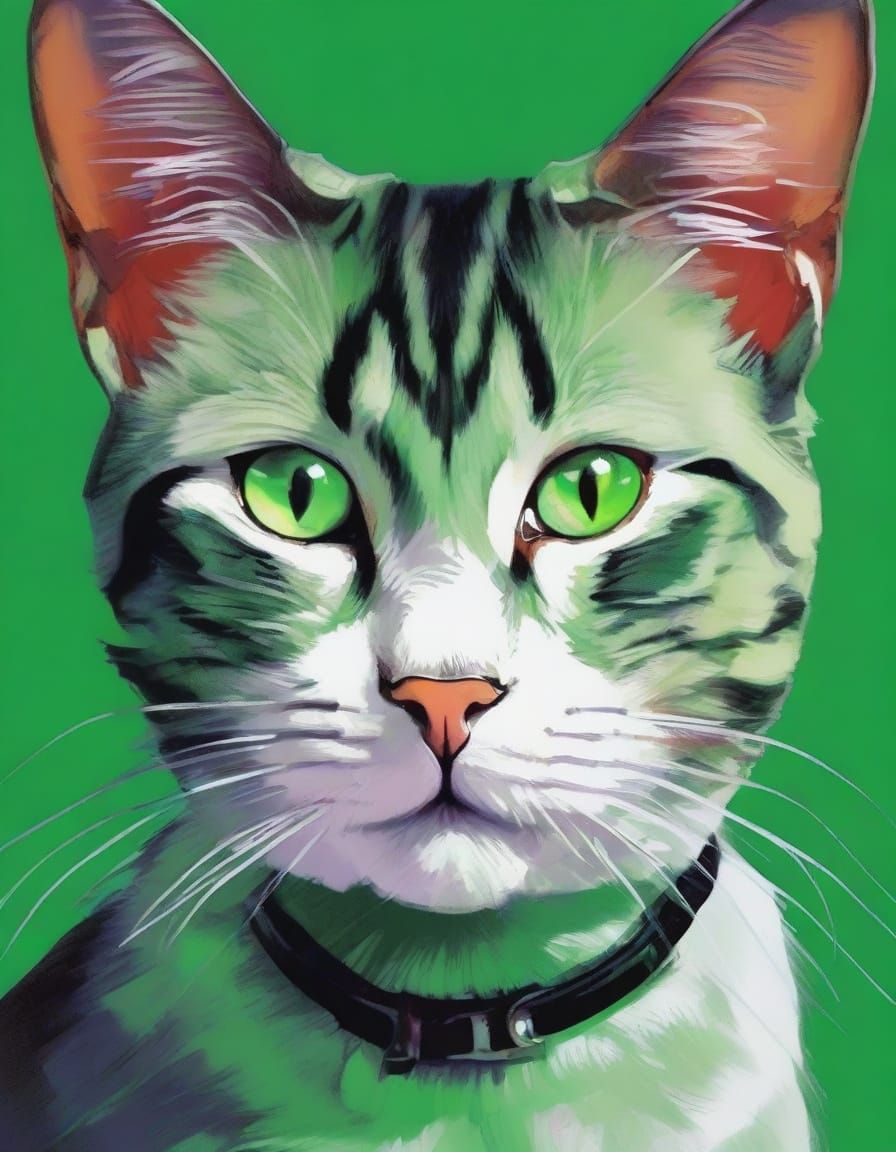 A striking portrait of a cat with glowing emerald-green eyes...