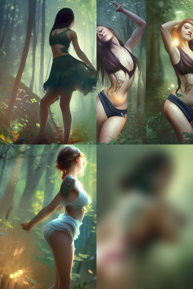 Cute Tattooed Girl Dancing in Forest: Detailed Portrait