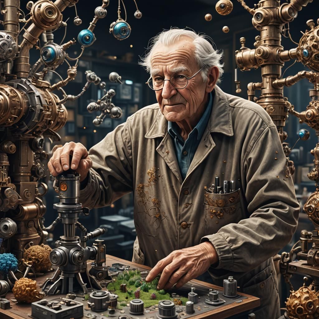 Happy Old Person Using Electron Microscope