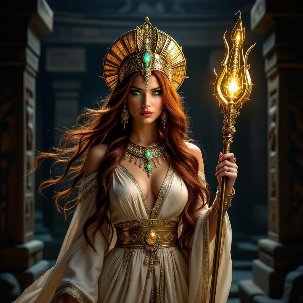 Mysterious Woman with Golden Headdress in Ancient Temple