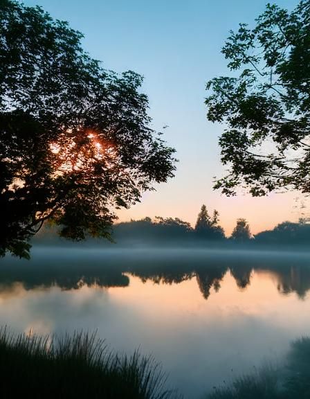 Twilight Village Pond with Mist and Sun