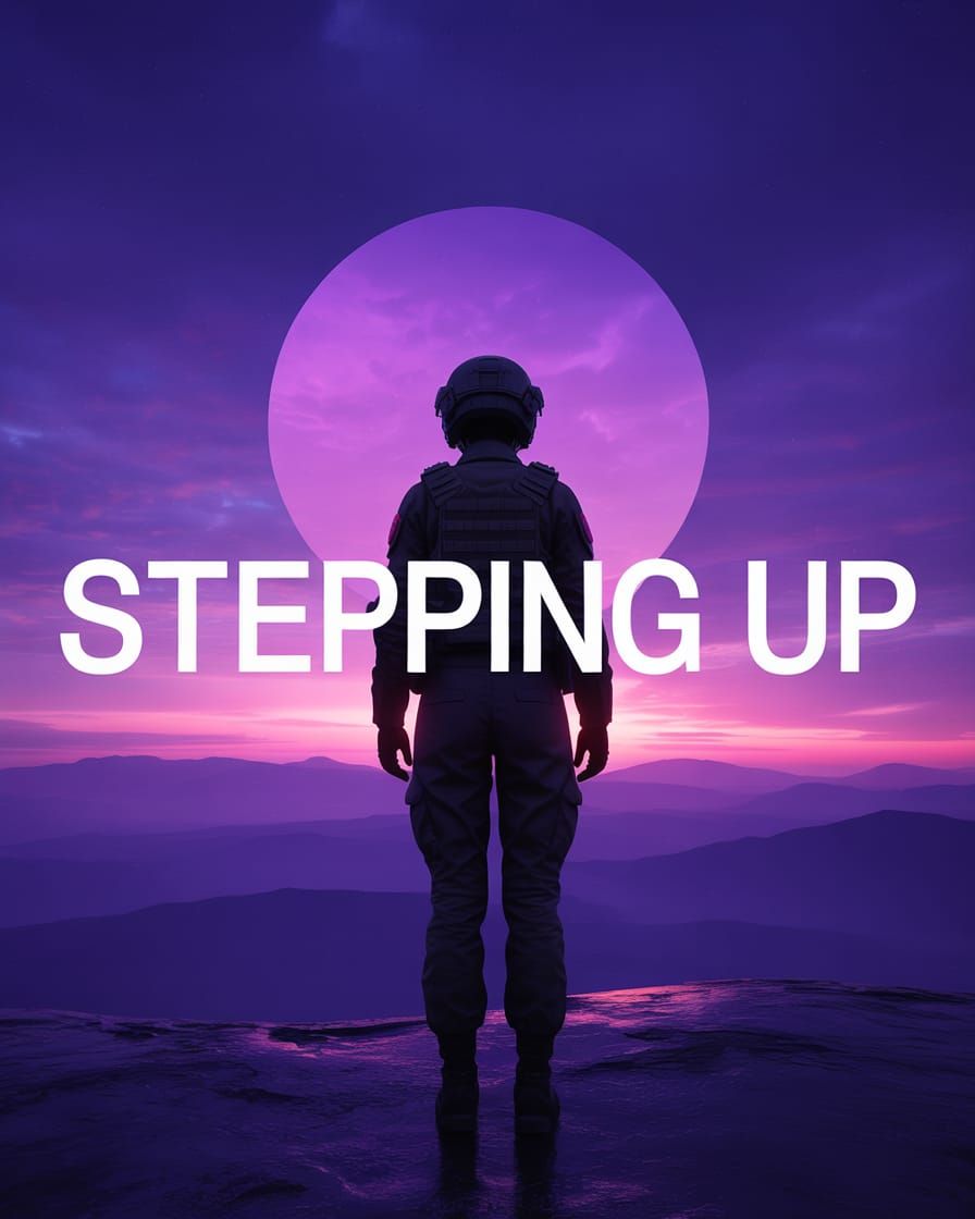 Russian Soldier Silhouette Over Purple Horizon in 3D