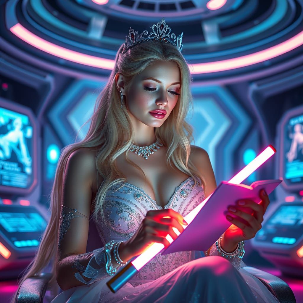 Futuristische Prinzessin liest im Luxusraum