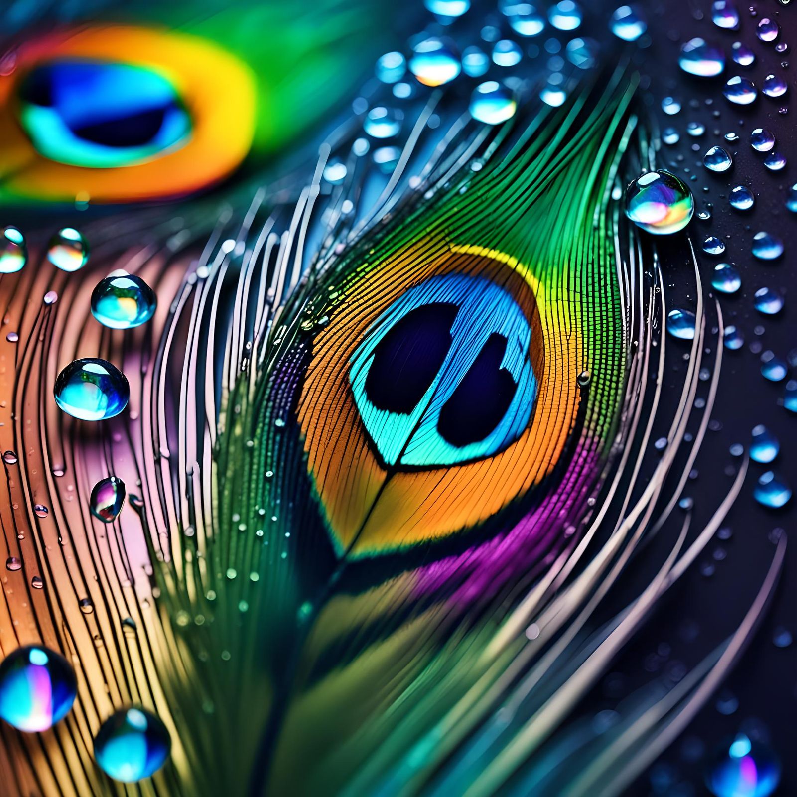 Water droplets on peacock feather, macro photography