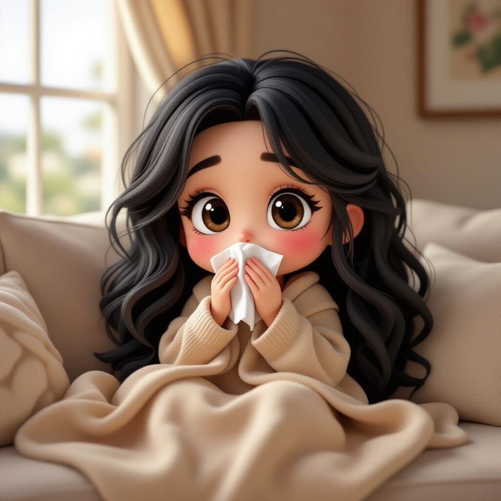 Cute Chibi Girl Sneezing on Sofa in Warm Light