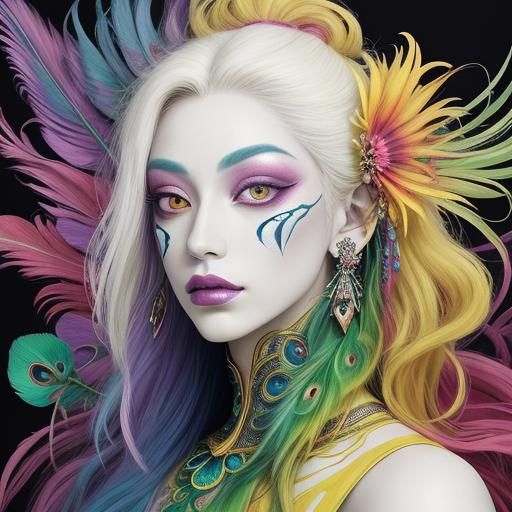 Surreal Woman Portrait with Dragon Peacock in Fauvism Style