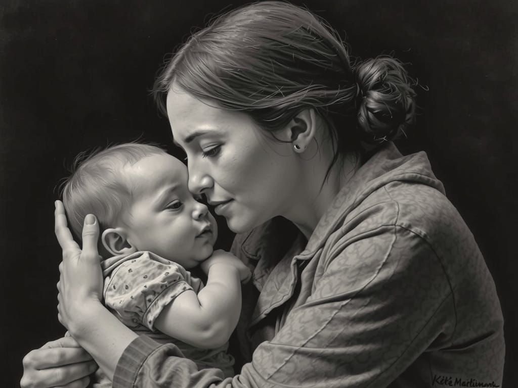 Motherly Love in Intimate Charcoal Portrait
