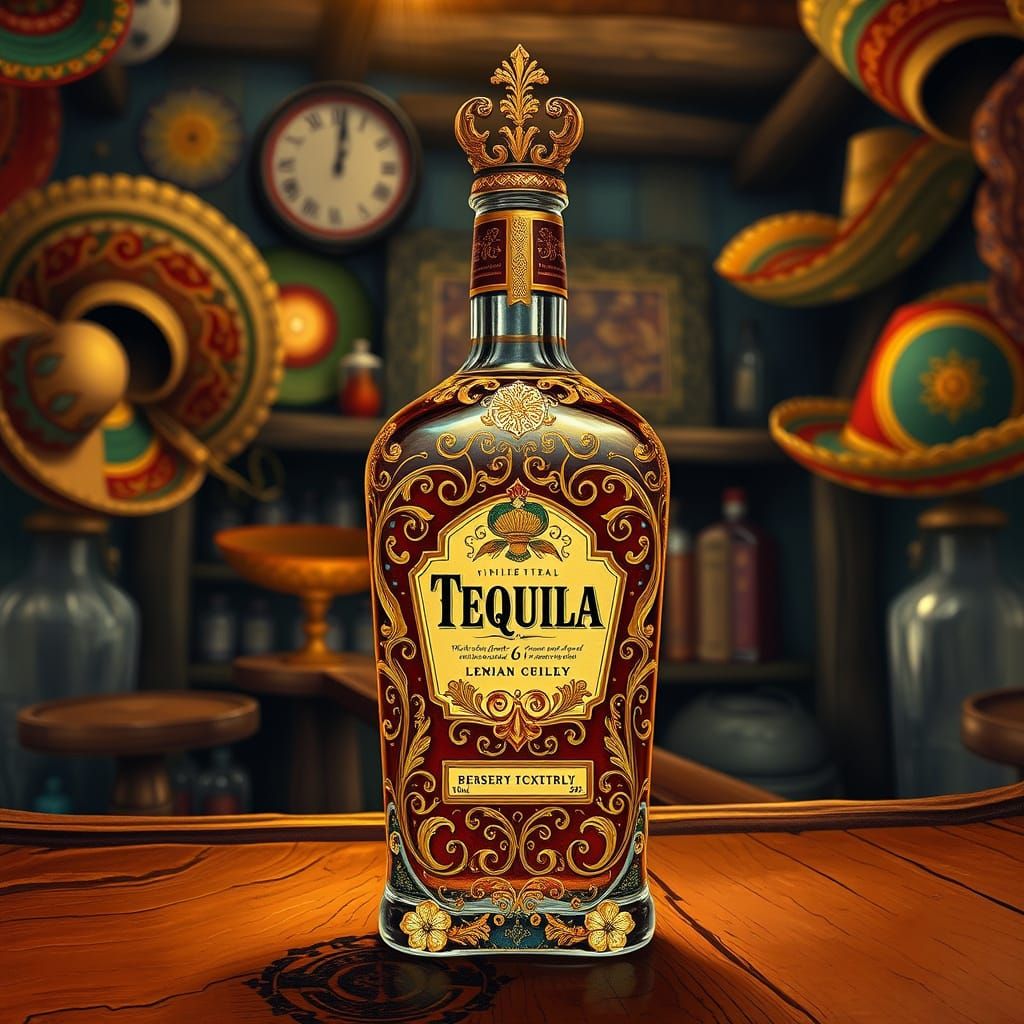 Luxurious Tequila Bottle in Vibrant, Folk Art-Inspired Setti...