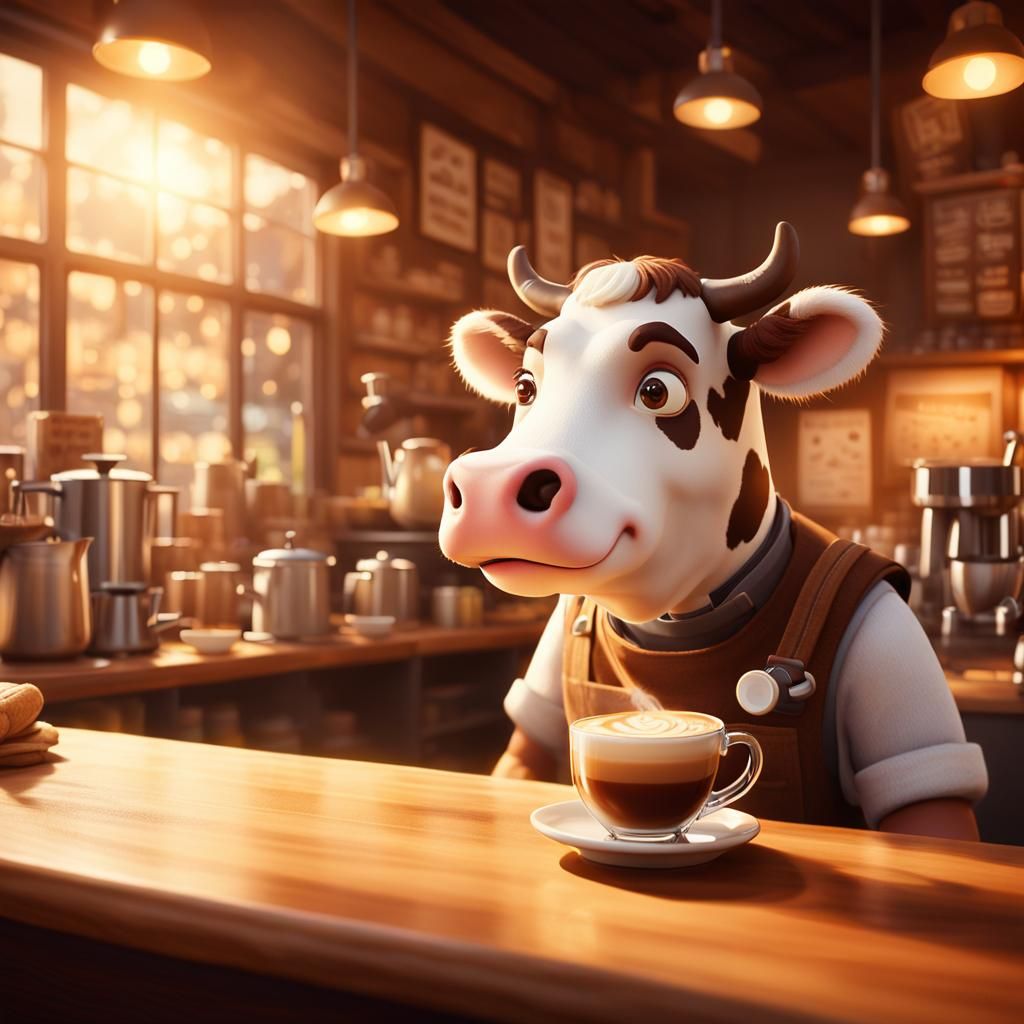 Cow Barista Crafts Latte in Cozy Coffee Shop