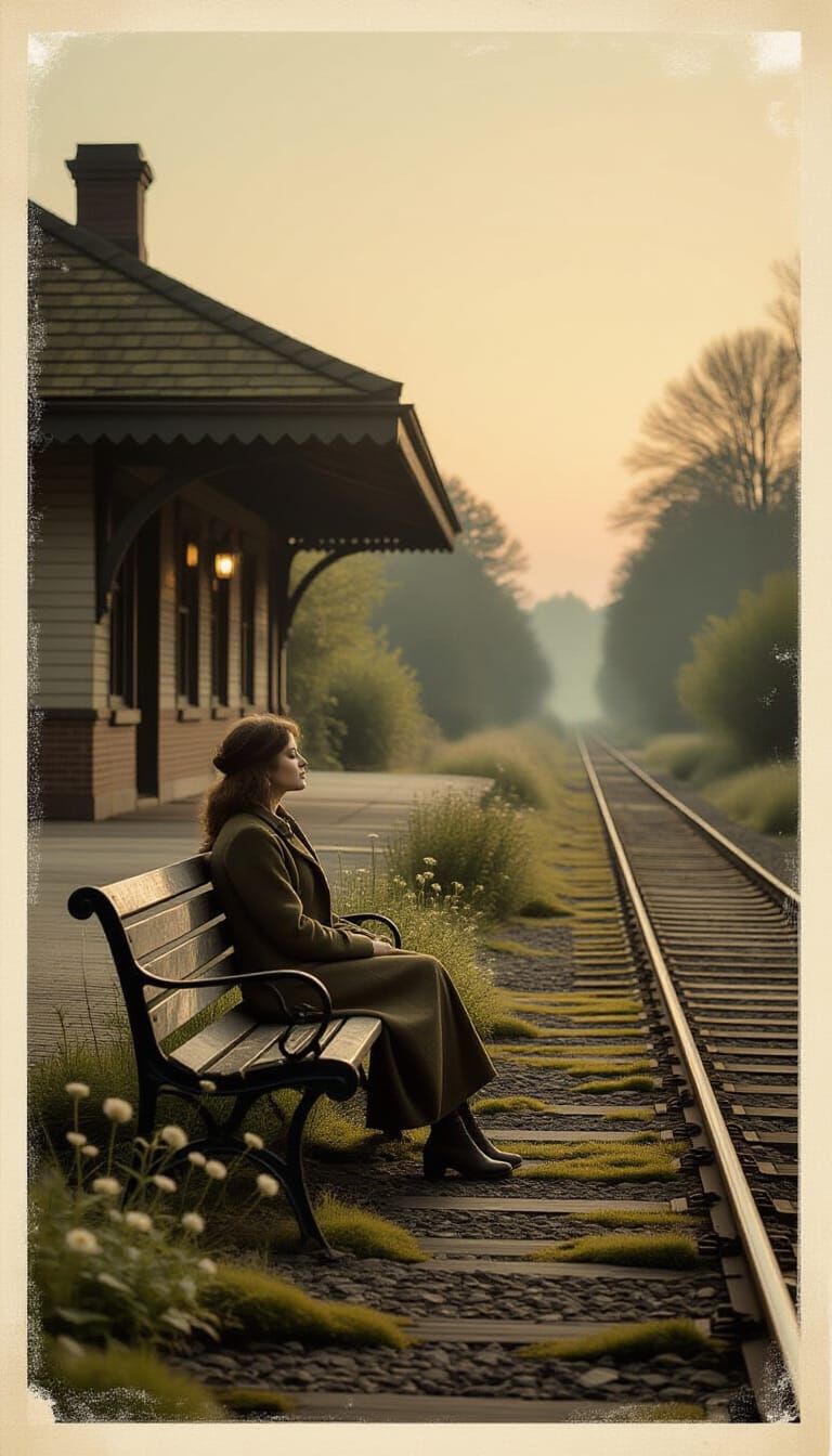 Sepia Train Station at Twilight with Lone Traveler