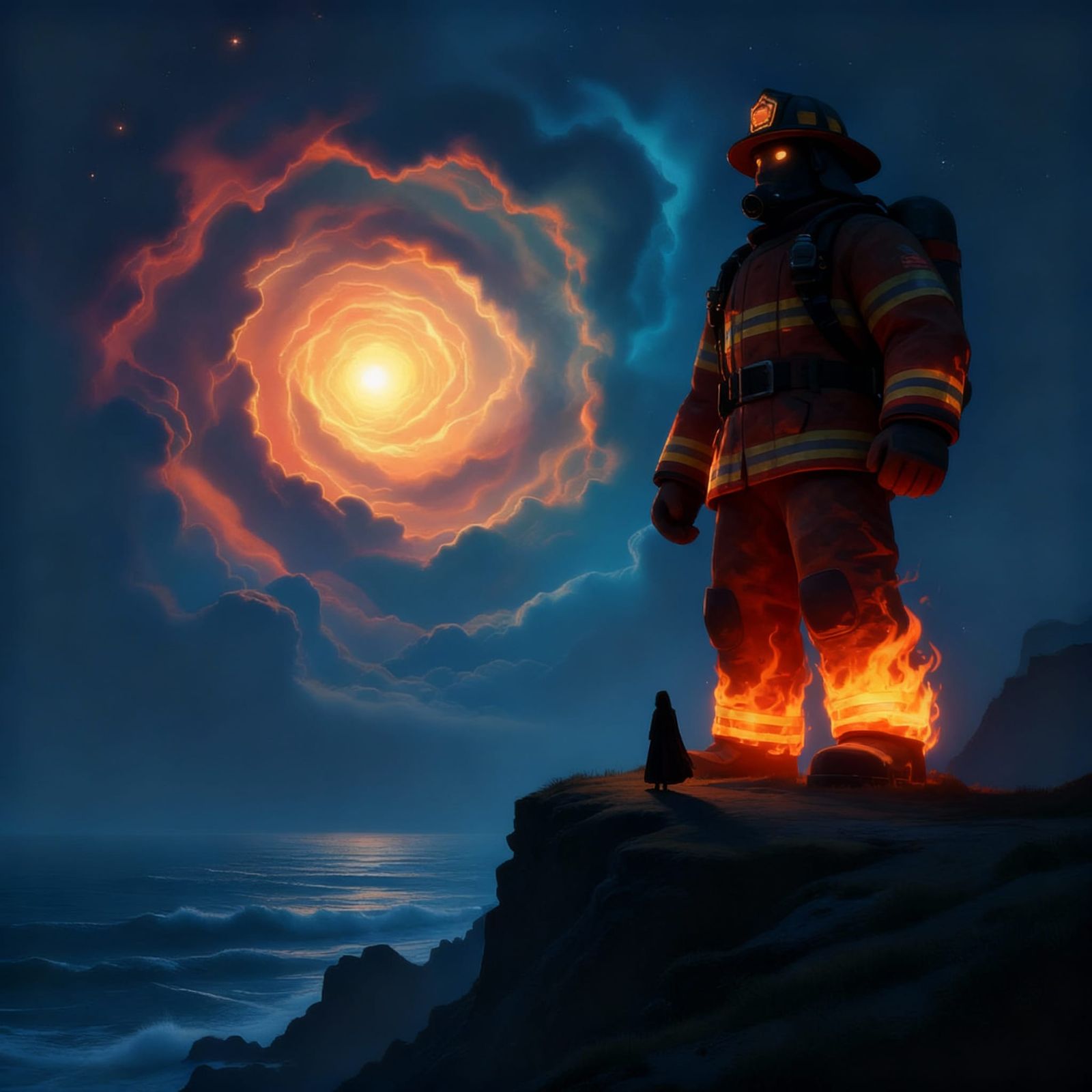 Firekeeper Gazes at Nebula Ocean in Moody Chiaroscuro Style