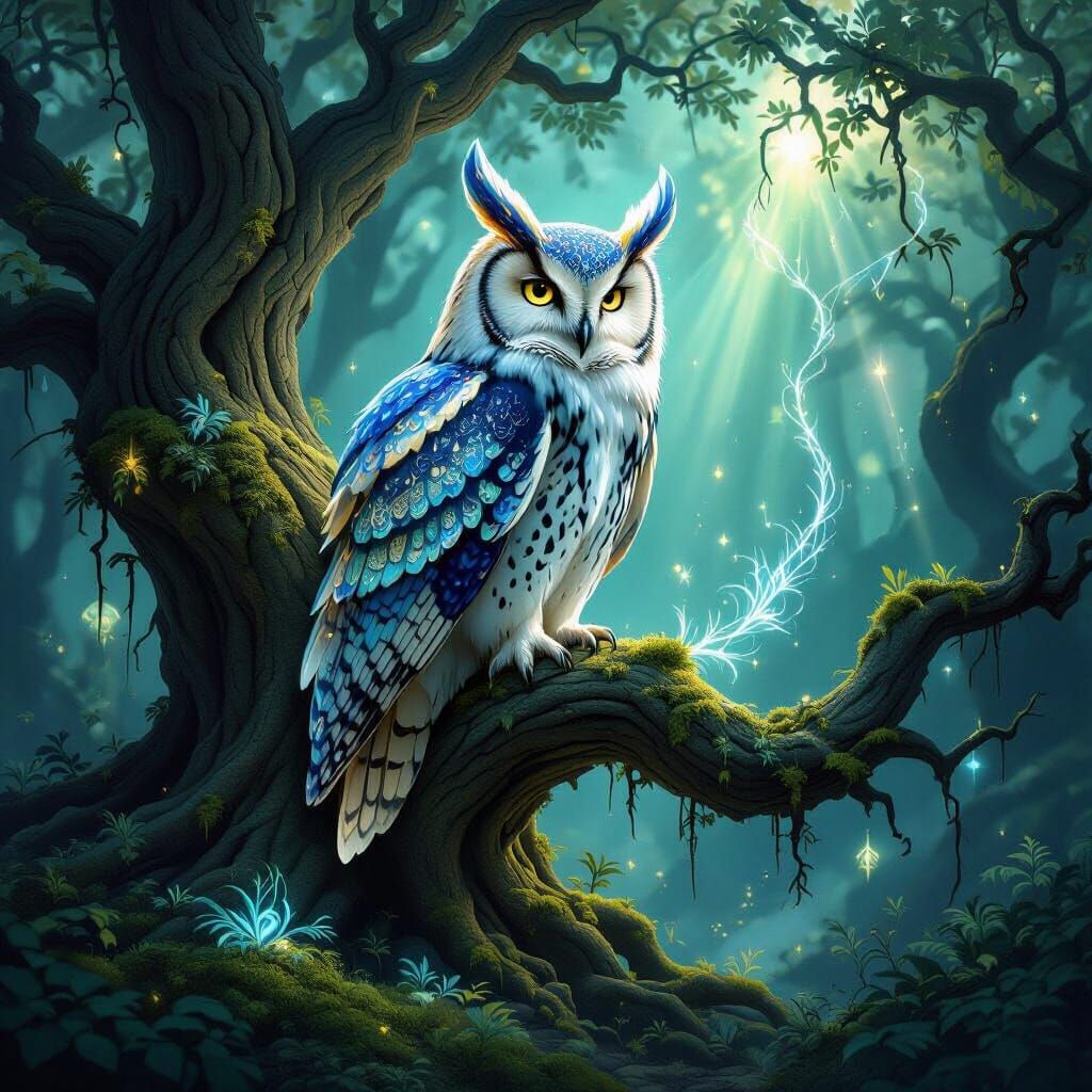 Majestic Spirit Owl with Elemental Feathers in Surreal Art D...