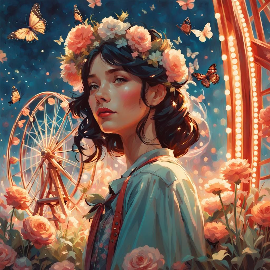 Gorgeous Fairy on Ferris Wheel with Flowers