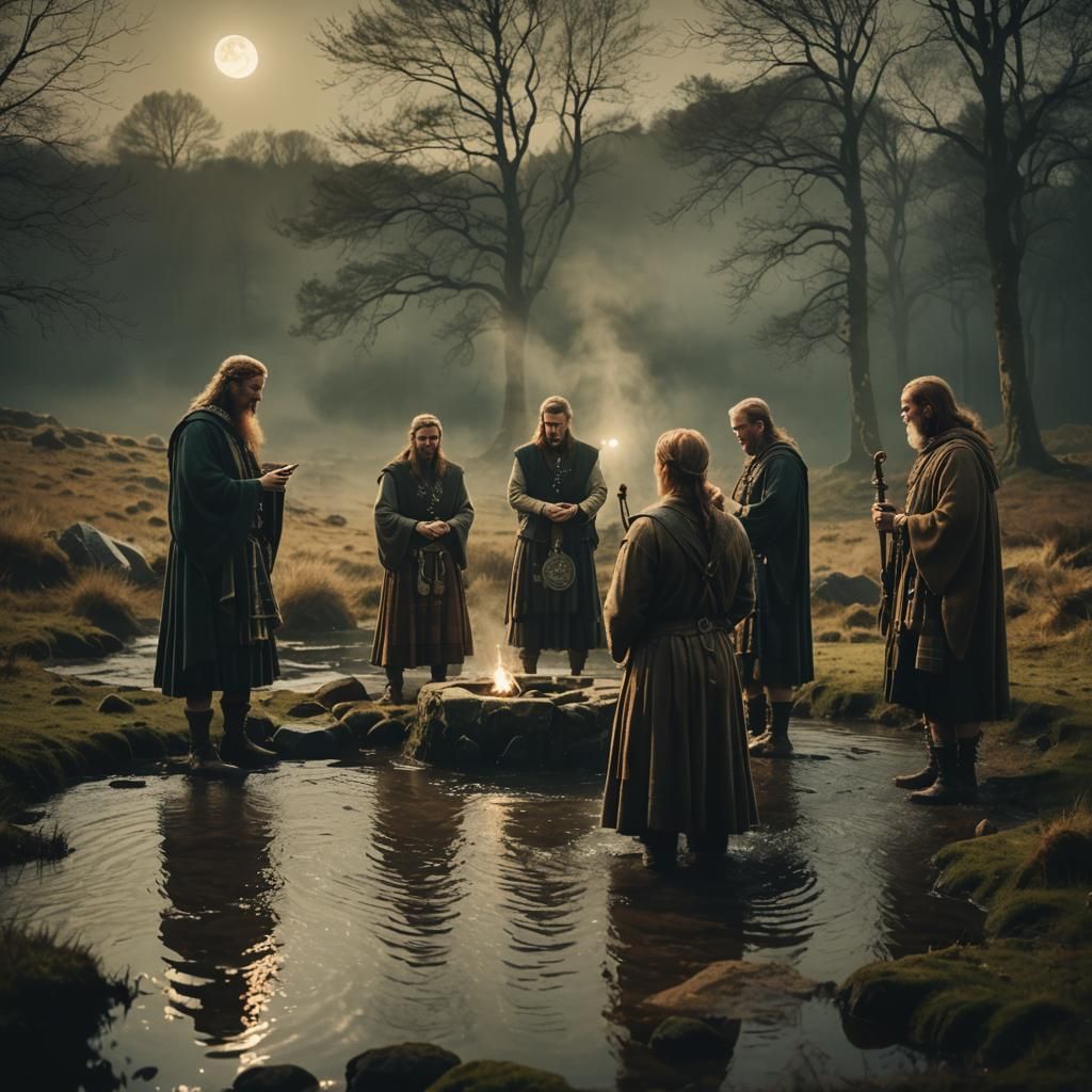 Celtic Figures Perform Water Ritual Under Moonlight