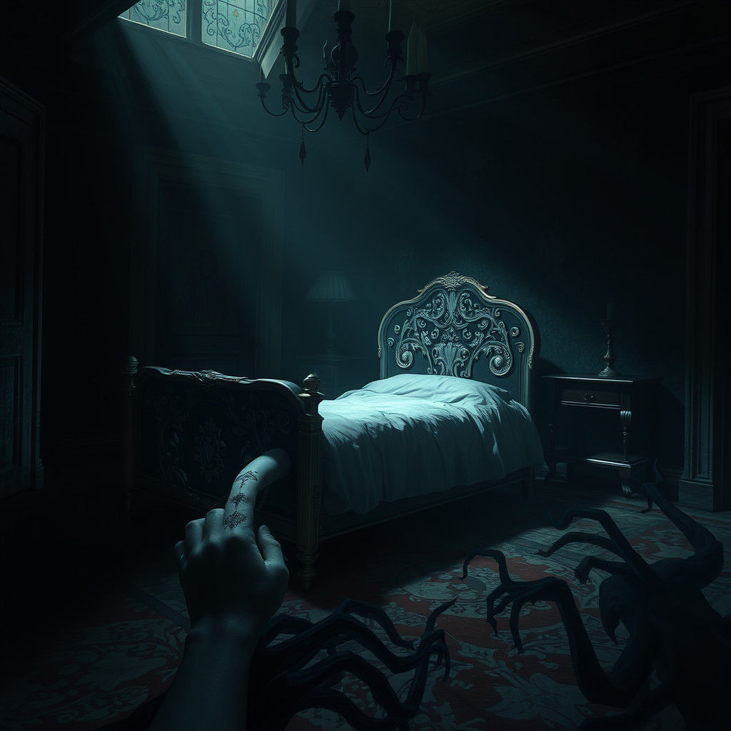 Eerie Hand Gripping Bed in Dark Chamber