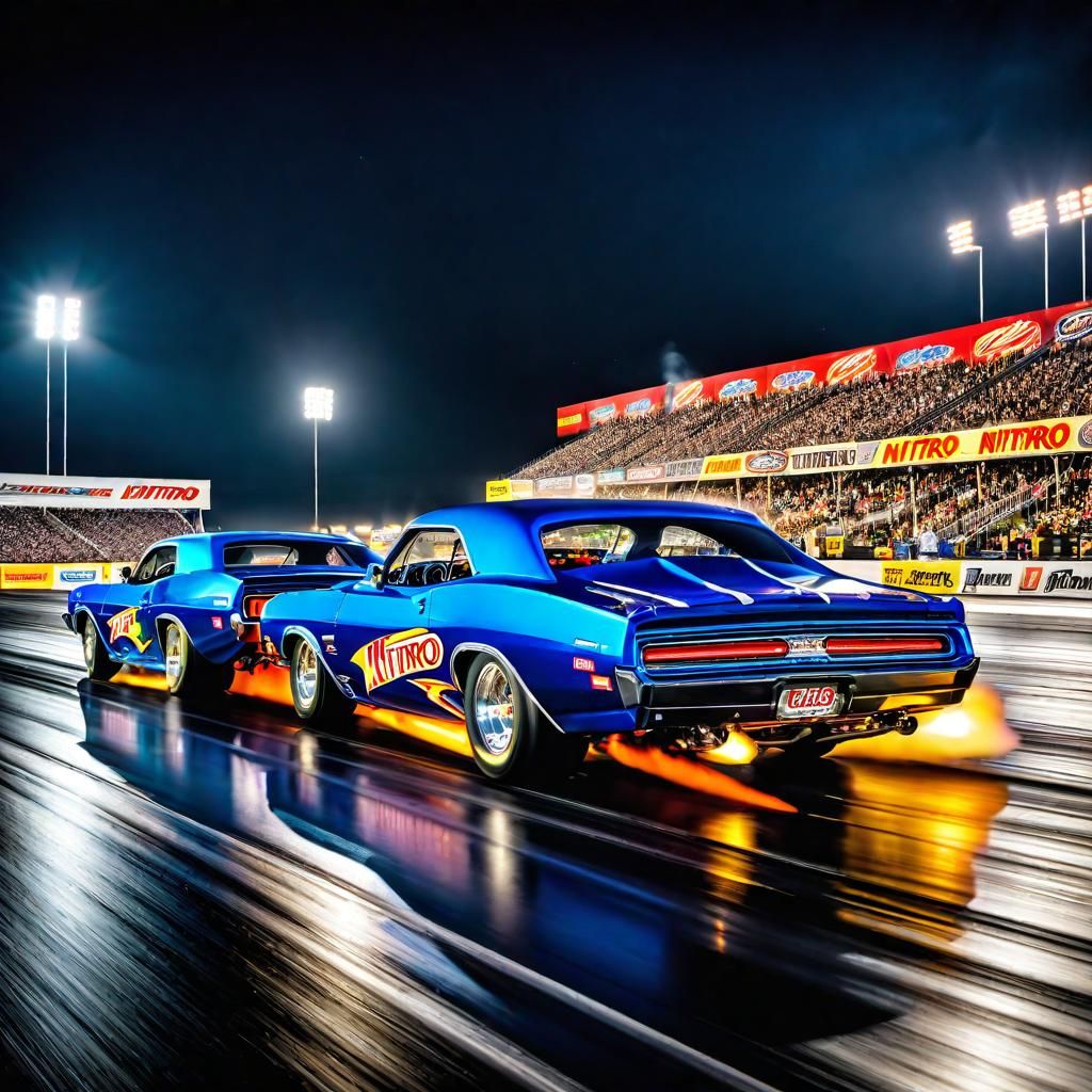Fiery Nitro Showdown at Night: Hyperrealistic Drag Race
