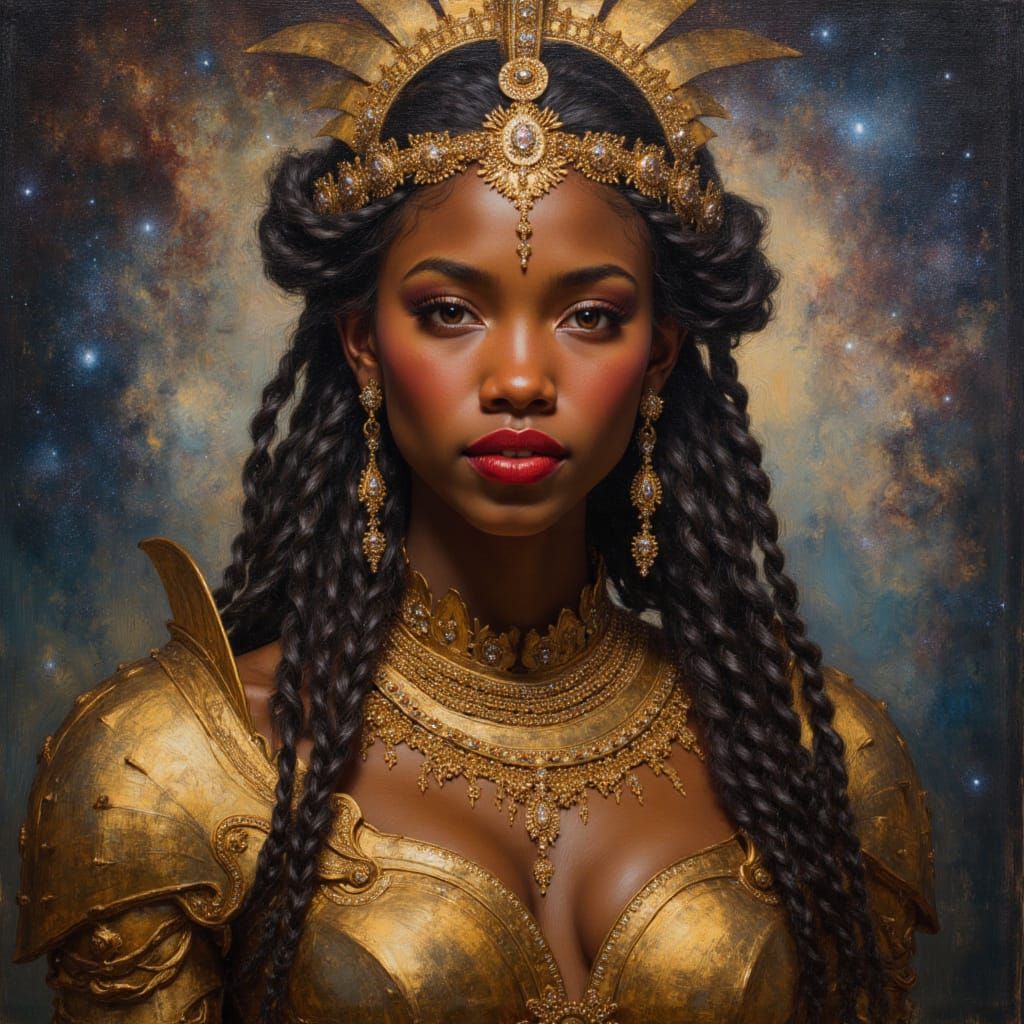 Black Goddess Queen in Golden Armor with Crystal Crown