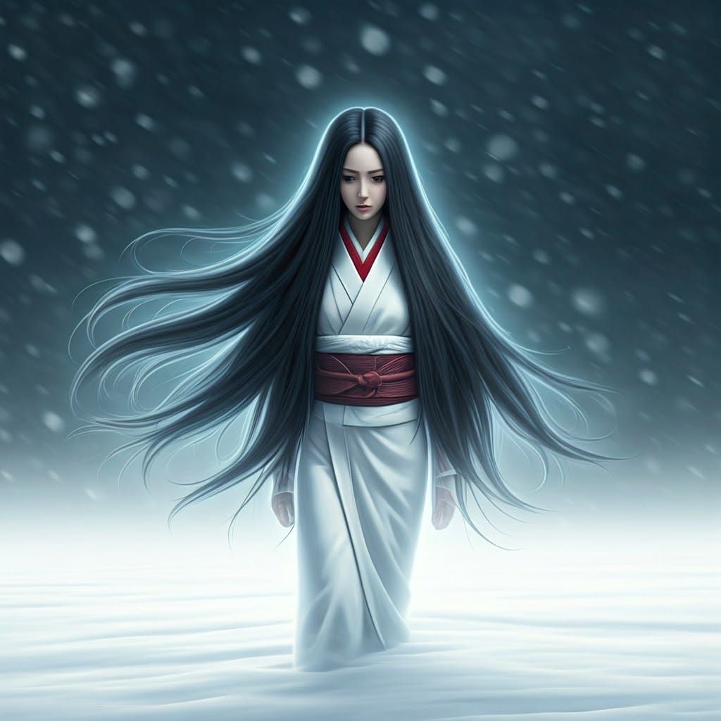 Ethereal Portrait of Yuki Onna in Snowstorm