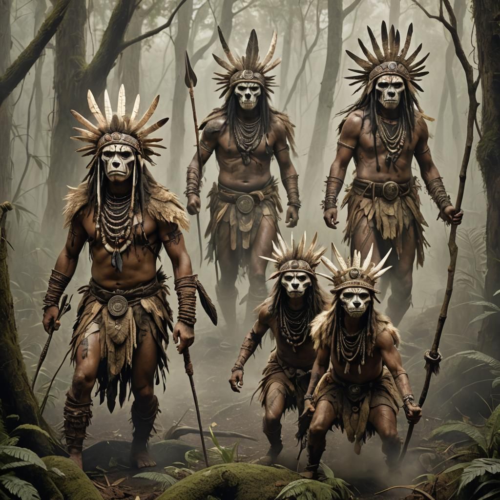 Feline Warriors in Misty Forest, Aboriginal Art Style