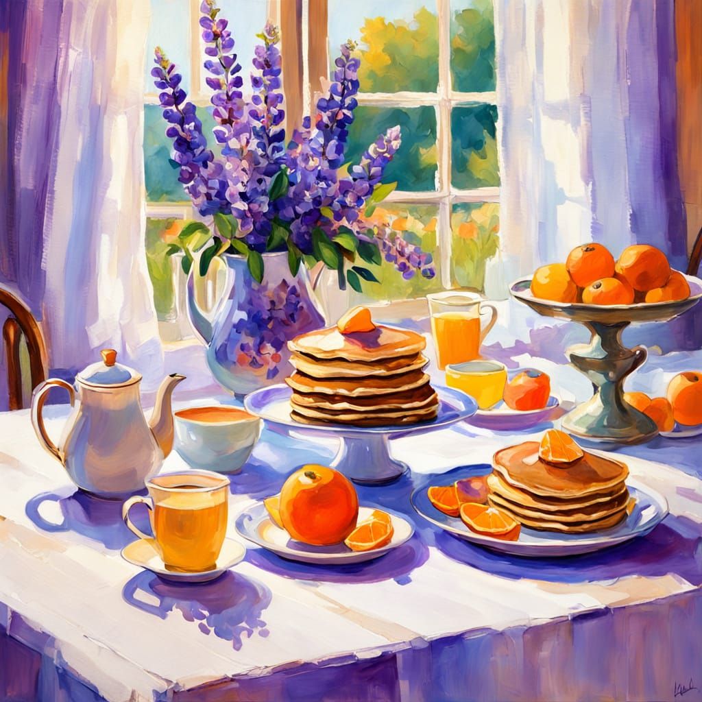 Impressionistic Breakfast Scene with Lupines in Digital Pain...